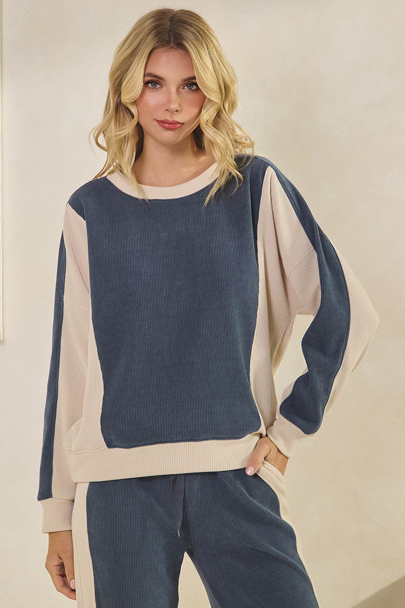Duo Tone Relaxed Fit Corduroy Pullover Top