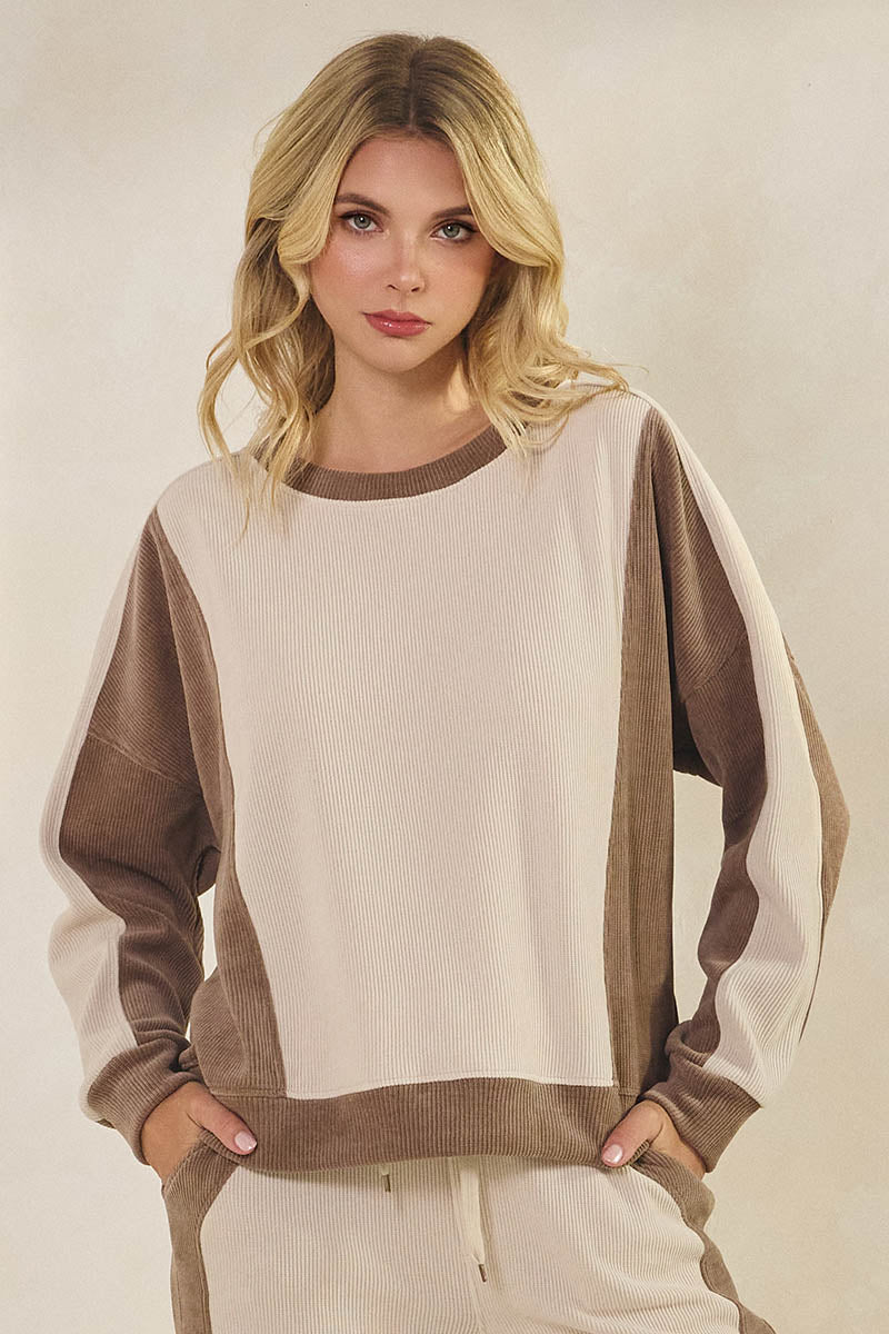 Duo Tone Relaxed Fit Corduroy Pullover Top