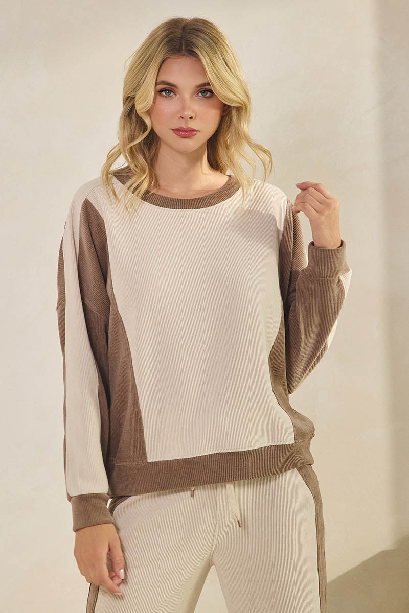 Duo Tone Relaxed Fit Corduroy Pullover Top