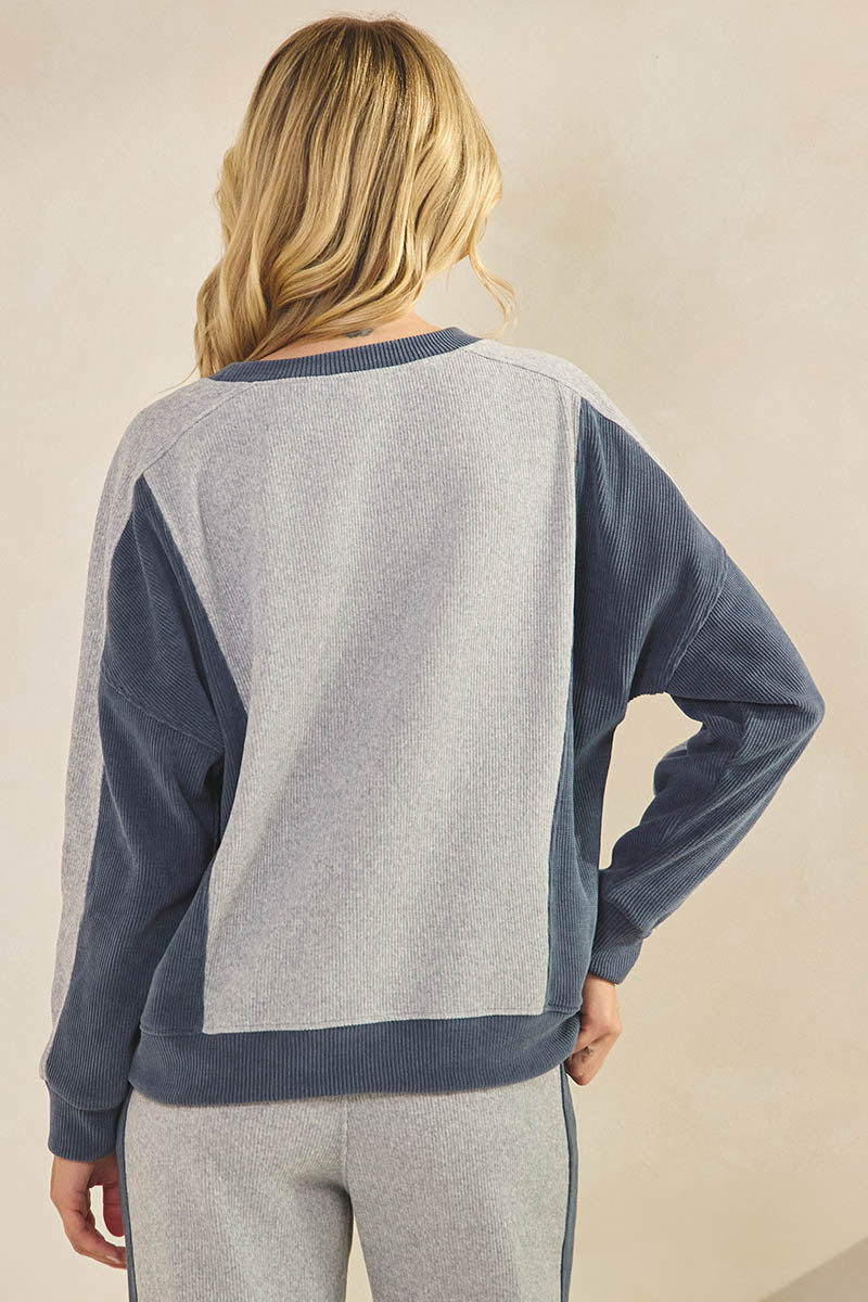 Duo Tone Relaxed Fit Corduroy Pullover Top