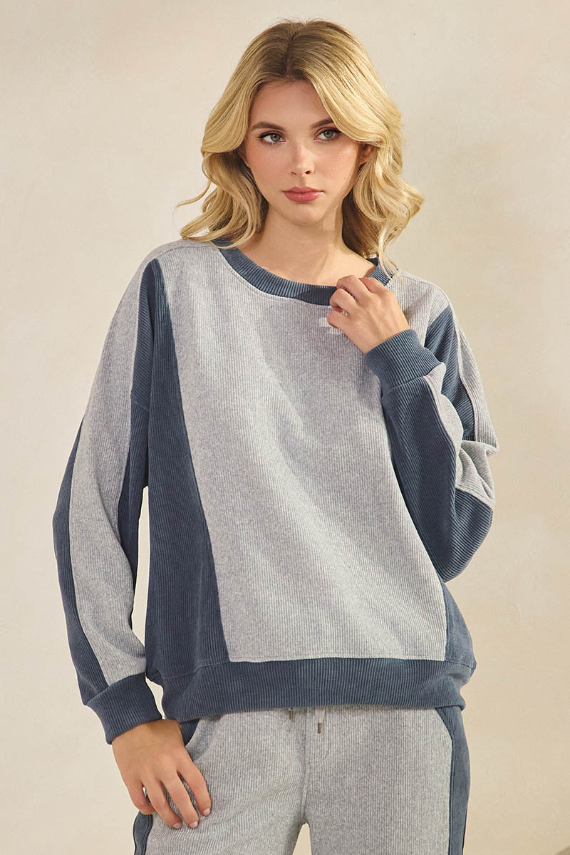 Duo Tone Relaxed Fit Corduroy Pullover Top