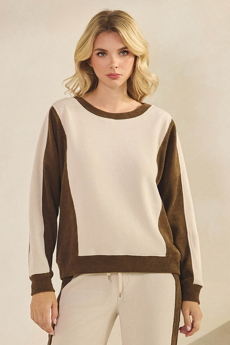 Duo Tone Relaxed Fit Corduroy Pullover Top