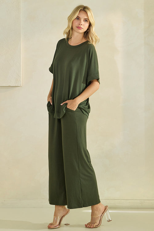 Effortless Chic Relaxed Drape Oversized Top & Wide Leg Cropped Pants Set