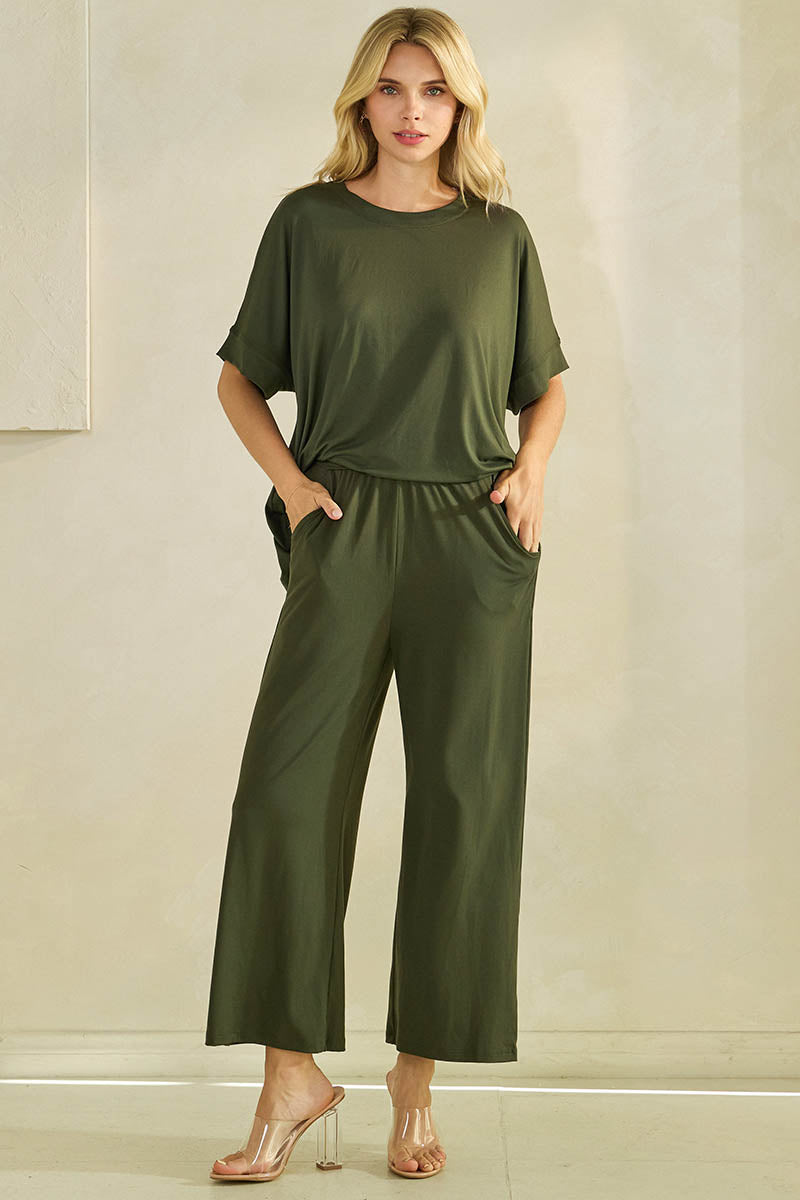 Effortless Chic Relaxed Drape Oversized Top & Wide Leg Cropped Pants Set