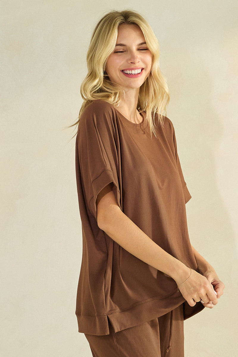 Women’s Effortless Chic Relaxed Drape Ultra Soft Short Sleeved Crew Neck Top