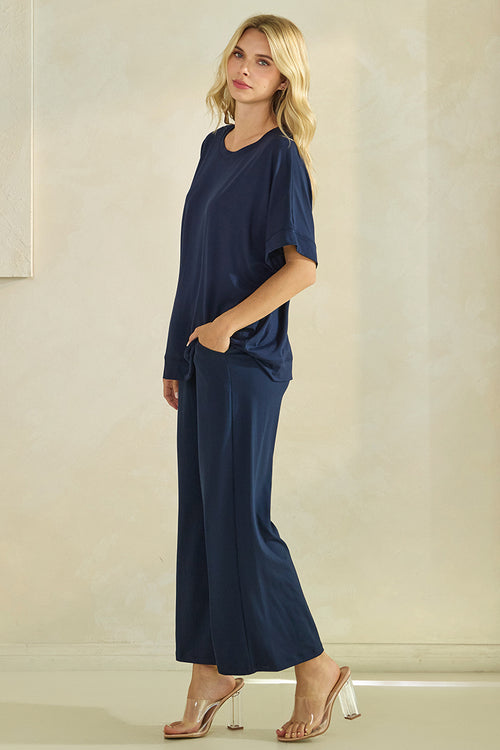 Effortless Chic Relaxed Drape Oversized Top & Wide Leg Cropped Pants Set