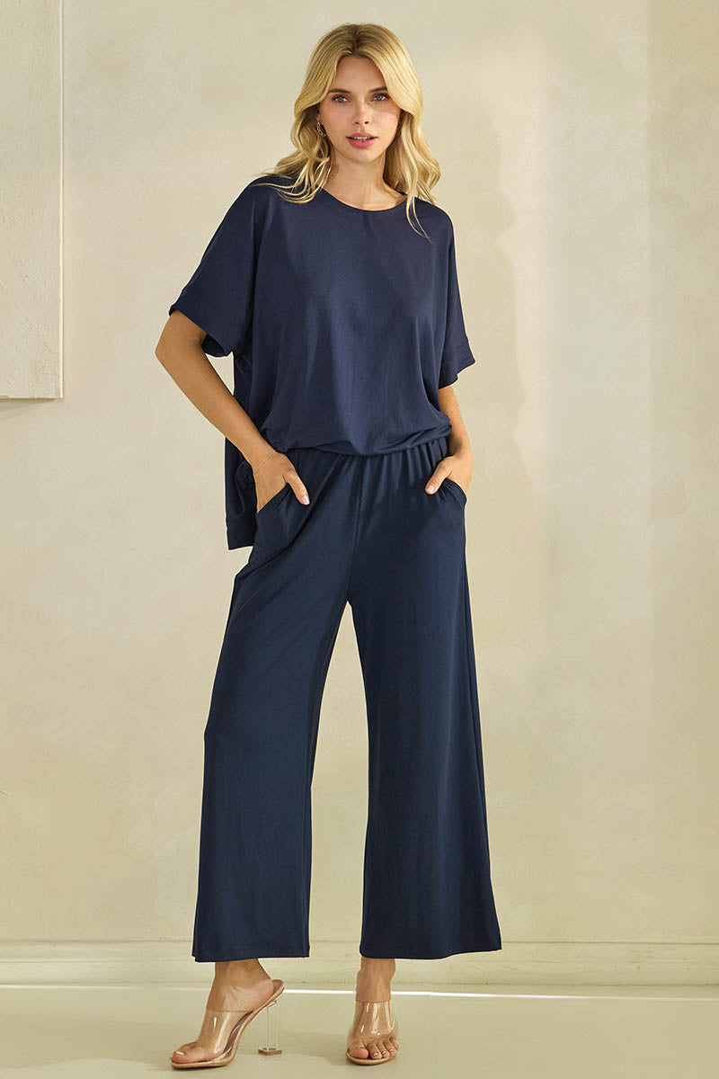 Effortless Chic Relaxed Drape Oversized Top & Wide Leg Cropped Pants Set