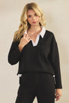 Comfort Drape Contrast Collar V Neck Top