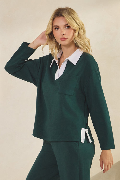 Comfort Drape Contrast Collar V Neck Top