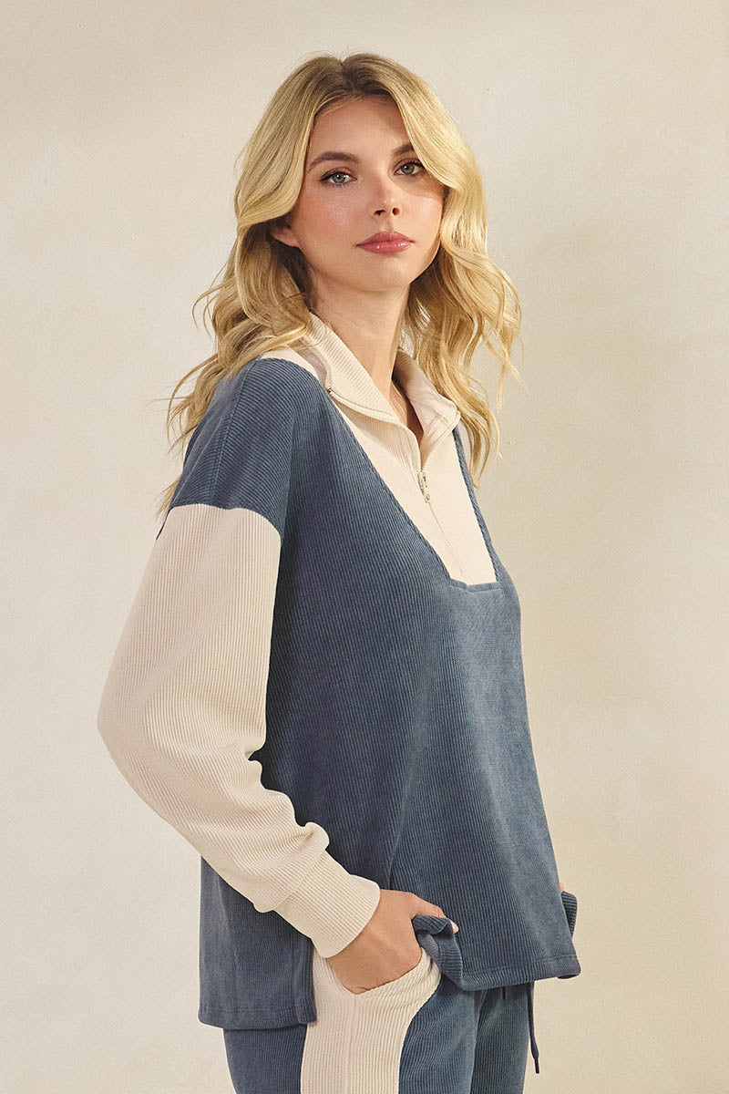 Plus Size Retro Chic Half Zip Two Tone Pullover