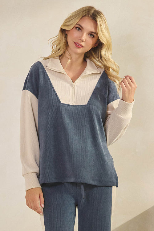 Retro Chic Half Zip Corduroy Two Tone Pullover