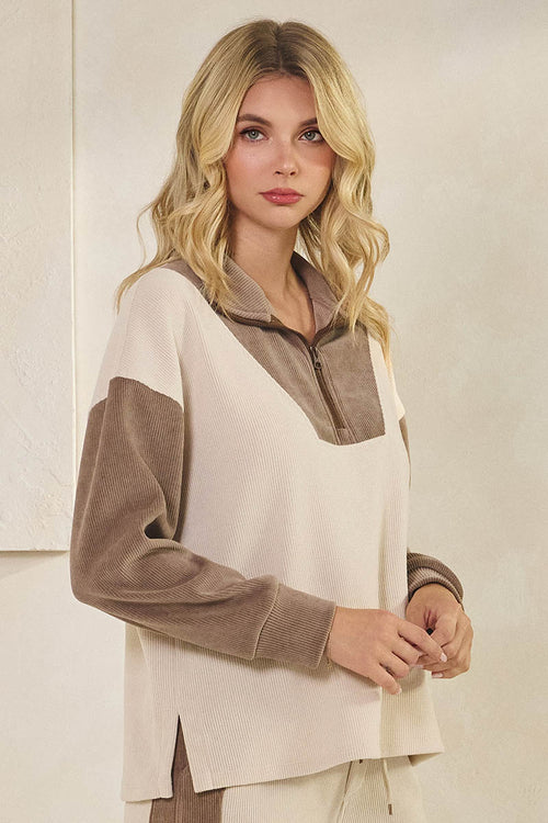 Plus Size Retro Chic Half Zip Two Tone Pullover