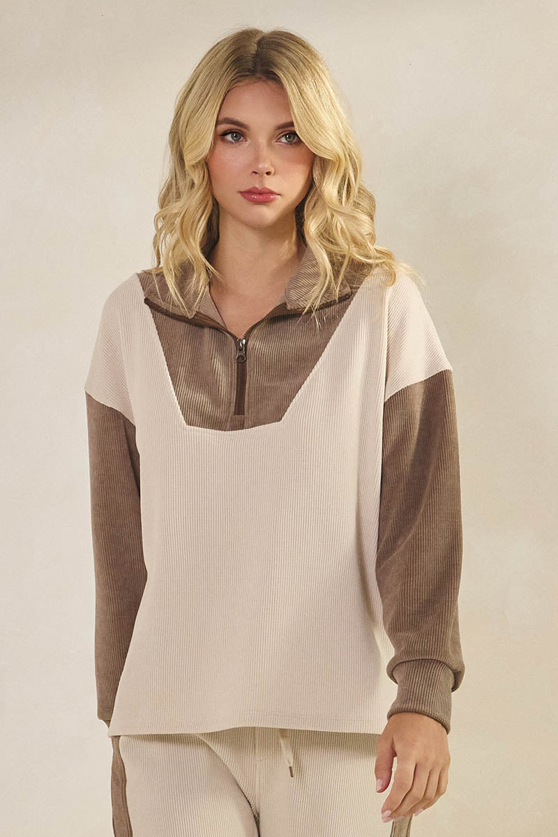 Plus Size Retro Chic Half Zip Two Tone Pullover