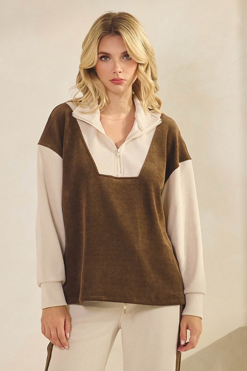Plus Size Retro Chic Half Zip Two Tone Pullover