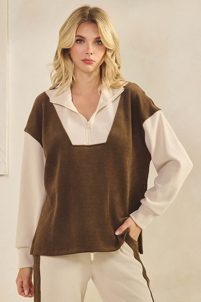 Plus Size Retro Chic Half Zip Two Tone Pullover
