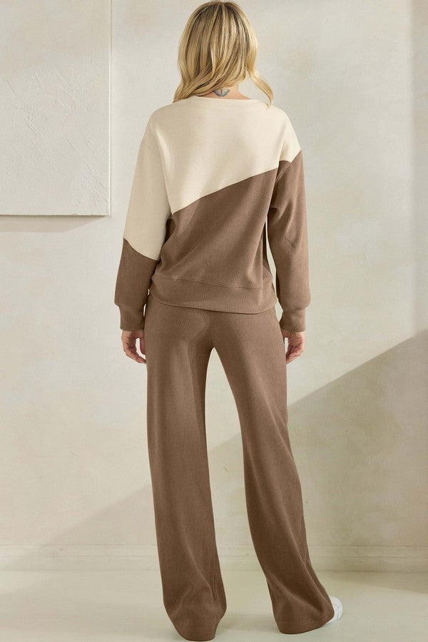 Women's Asymmetrical Two Tone  Corduroy and Knit Sweater Pull Over Top Khaki Oatmeal