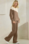 Women's Asymmetrical Two Tone  Corduroy and Knit Sweater Pull Over Top Khaki Oatmeal