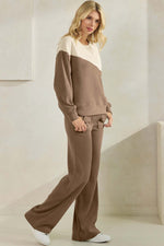 Women's Asymmetrical Two Tone  Corduroy and Knit Sweater Pull Over Top Khaki Oatmeal
