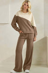 Women's Asymmetrical Two Tone  Corduroy and Knit Sweater Pull Over Top Khaki Oatmeal