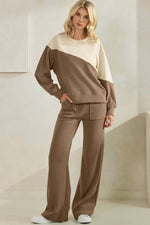Women's Asymmetrical Two Tone  Corduroy and Knit Sweater Pull Over Top Khaki Oatmeal