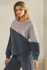 Women's Asymmetrical Two Tone  Corduroy and Knit Sweater Pull Over Top Denim Gray