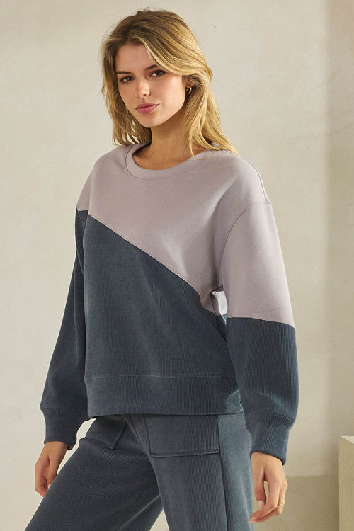 Women's Asymmetrical Two Tone  Corduroy and Knit Sweater Pull Over Top Denim Gray