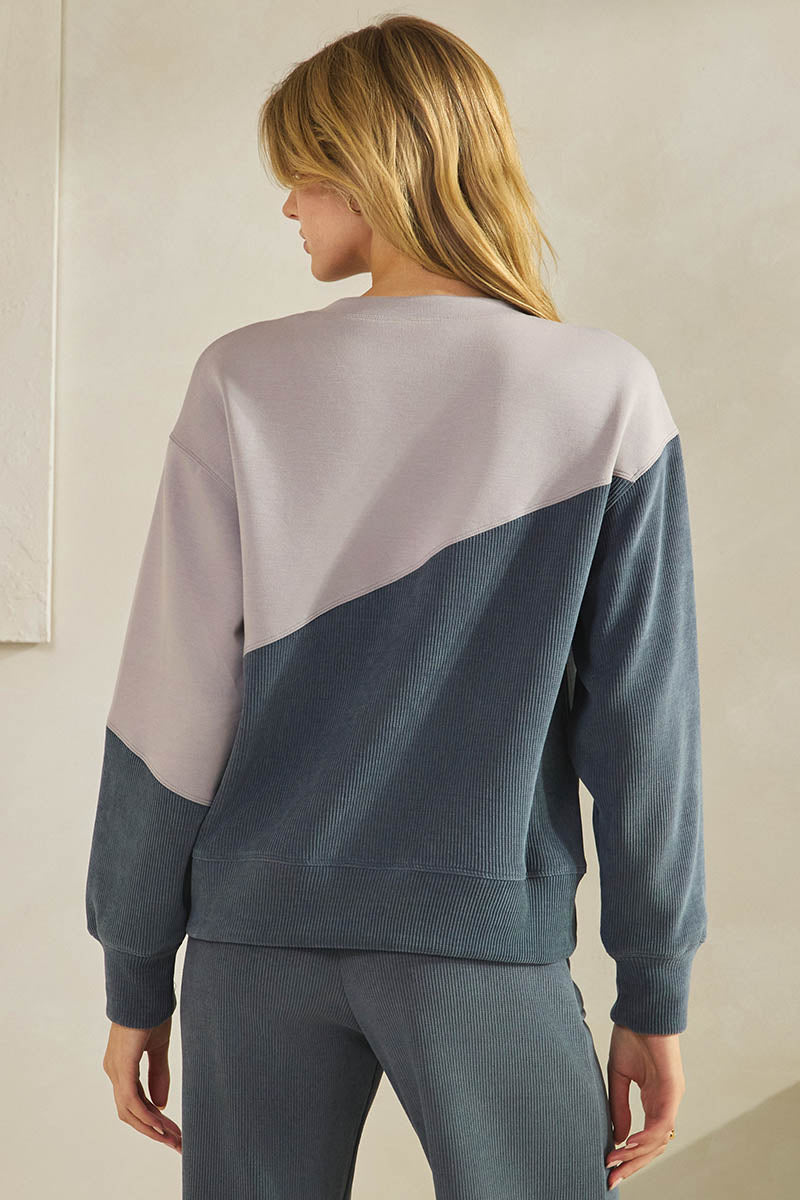 Women's Asymmetrical Two Tone  Corduroy and Knit Sweater Pull Over Top Denim Gray