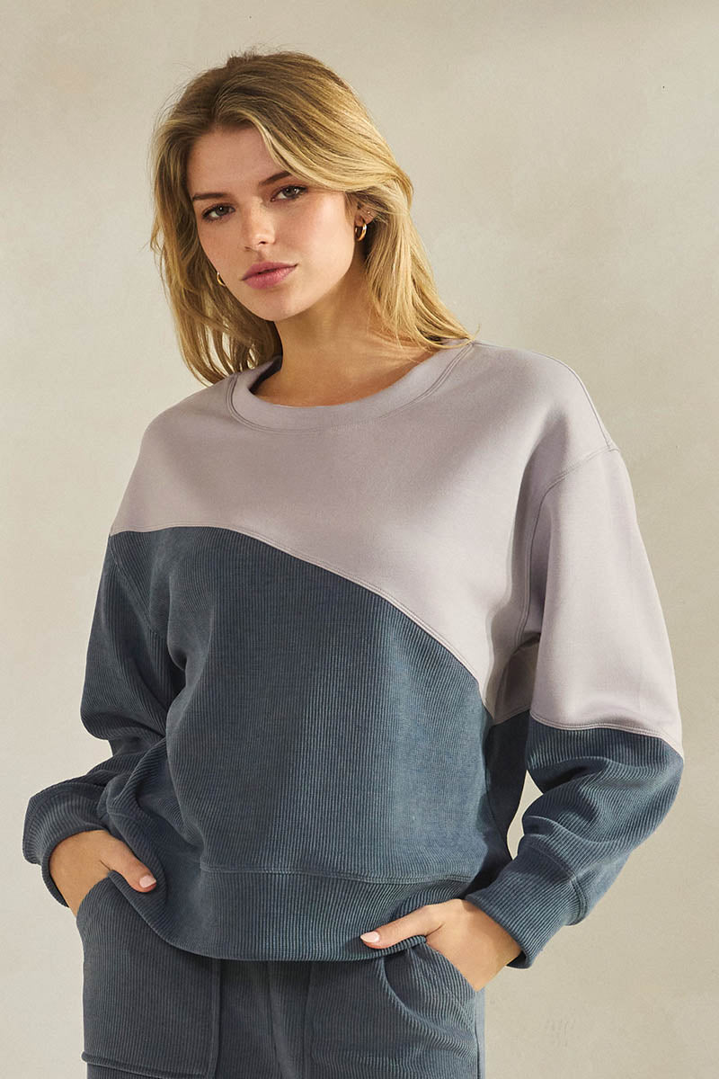 Women's Asymmetrical Two Tone  Corduroy and Knit Sweater Pull Over Top Denim Gray