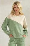 Women's Asymmetrical Two Tone  Corduroy and Knit Sweater Pull Over Top Sage Oatmeal