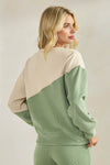 Women's Asymmetrical Two Tone  Corduroy and Knit Sweater Pull Over Top Sage Oatmeal