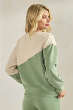 Women's Asymmetrical Two Tone  Corduroy and Knit Sweater Pull Over Top Sage Oatmeal