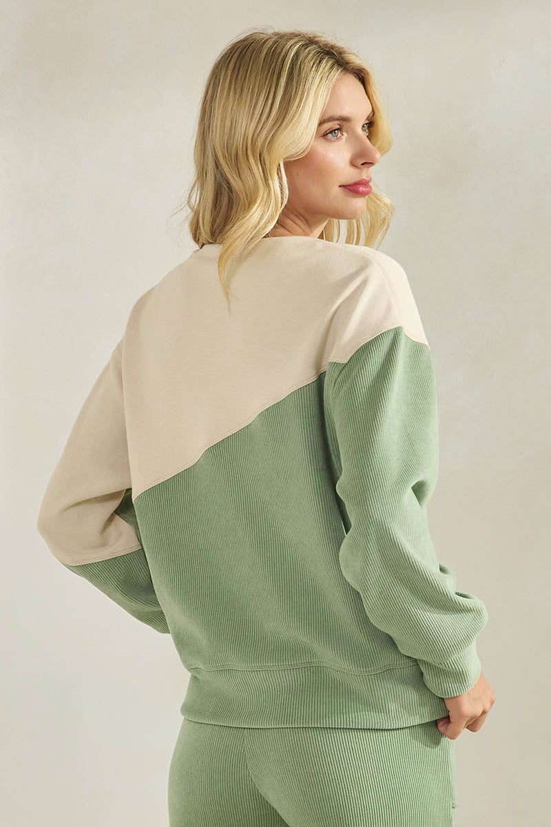 Women's Asymmetrical Two Tone  Corduroy and Knit Sweater Pull Over Top Sage Oatmeal
