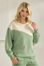 Women's Asymmetrical Two Tone  Corduroy and Knit Sweater Pull Over Top Khaki Oatmeal