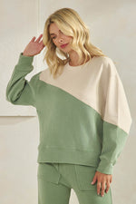 Women's Asymmetrical Two Tone  Corduroy and Knit Sweater Pull Over Top Sage Oatmeal