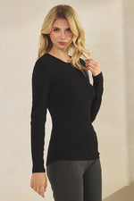 Womens Black Comfort Chic Ribbed Long Sleeve Crew Neck Top, Available in Small to X-Large