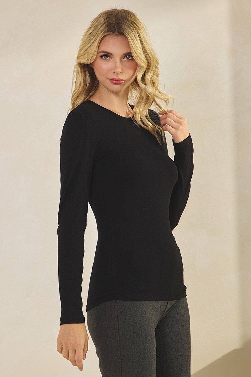 Womens Black Comfort Chic Ribbed Long Sleeve Crew Neck Top, Available in Small to X-Large