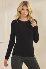 Womens Black Comfort Chic Ribbed Long Sleeve Crew Neck Top, Available in Small to X-Large