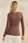 Coffee Brown Womens Comfort Chic Ribbed Long Sleeve Crew Neck Top, Available in Small to X-Large