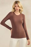 Coffee Brown Womens Comfort Chic Ribbed Long Sleeve Crew Neck Top, Available in Small to X-Large