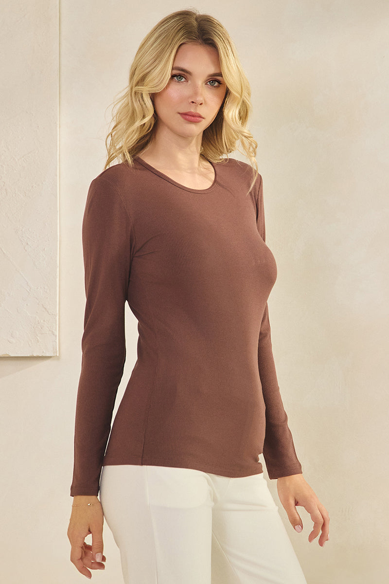 Coffee Brown Womens Comfort Chic Ribbed Long Sleeve Crew Neck Top, Available in Small to X-Large