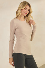Womens Khaki Comfort Chic Ribbed Long Sleeve Crew Neck Top, Available in Small to X-Large