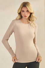 Womens Khaki Comfort Chic Ribbed Long Sleeve Crew Neck Top, Available in Small to X-Large