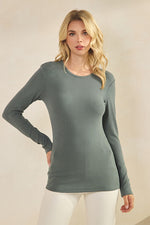 Smokey Olive Womens Comfort Chic Ribbed Long Sleeve Crew Neck Top, Available in Small to X-Large
