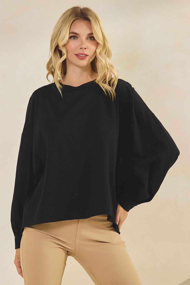 Weekend Flow Relaxed Fit Lightweight Cotton Long Sleeve Top, Black