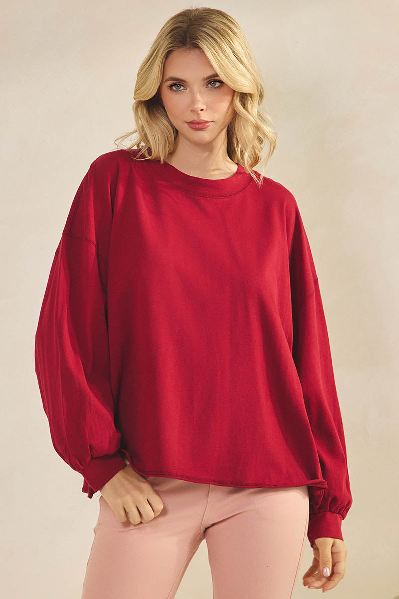 Weekend Flow Relaxed Fit Lightweight Cotton Long Sleeve Top, Maroon