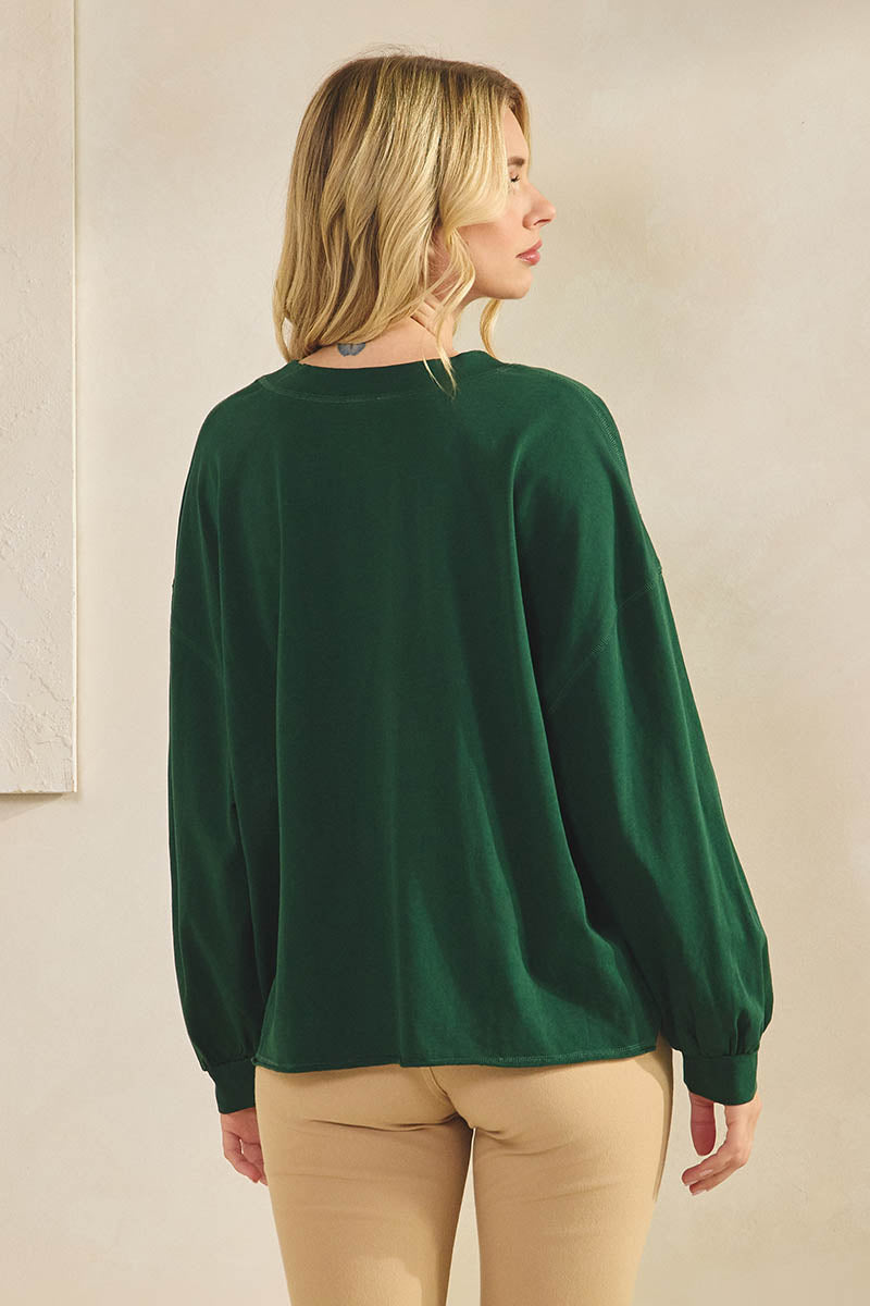 Weekend Flow Relaxed Fit Lightweight Cotton Long Sleeve Top, Forest Green