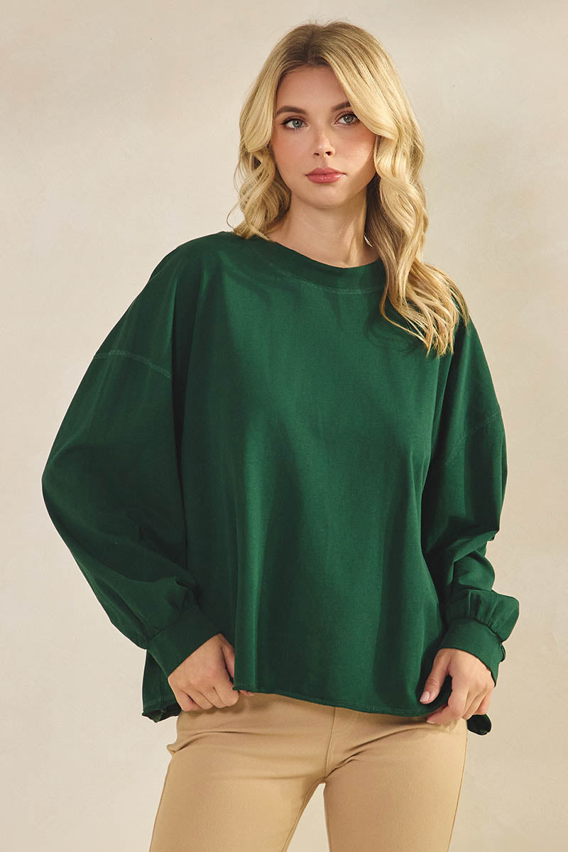 Weekend Flow Relaxed Fit Lightweight Cotton Long Sleeve Top, Forest Green
