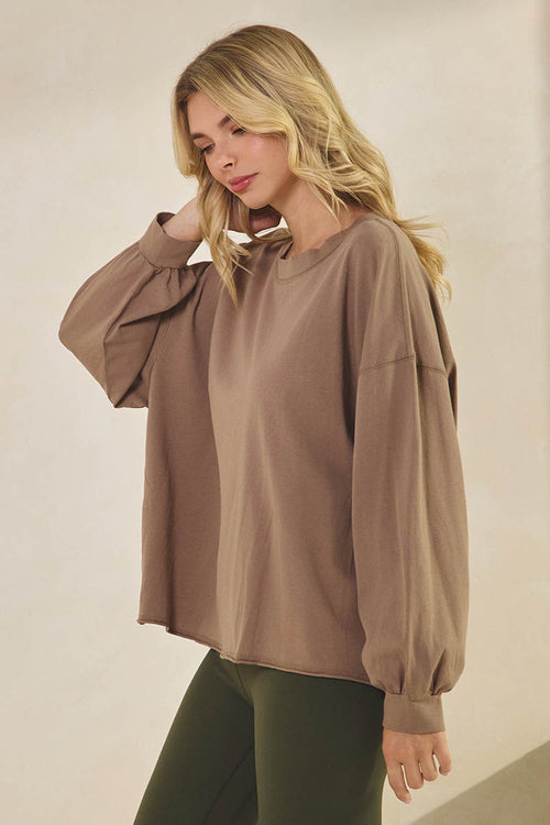 Weekend Flow Relaxed Fit Lightweight Cotton Long Sleeve Top, Light Mocha