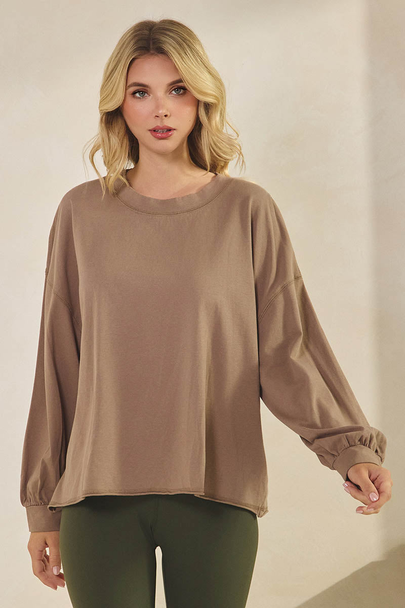 Weekend Flow Relaxed Fit Lightweight Cotton Long Sleeve Top, Light Mocha