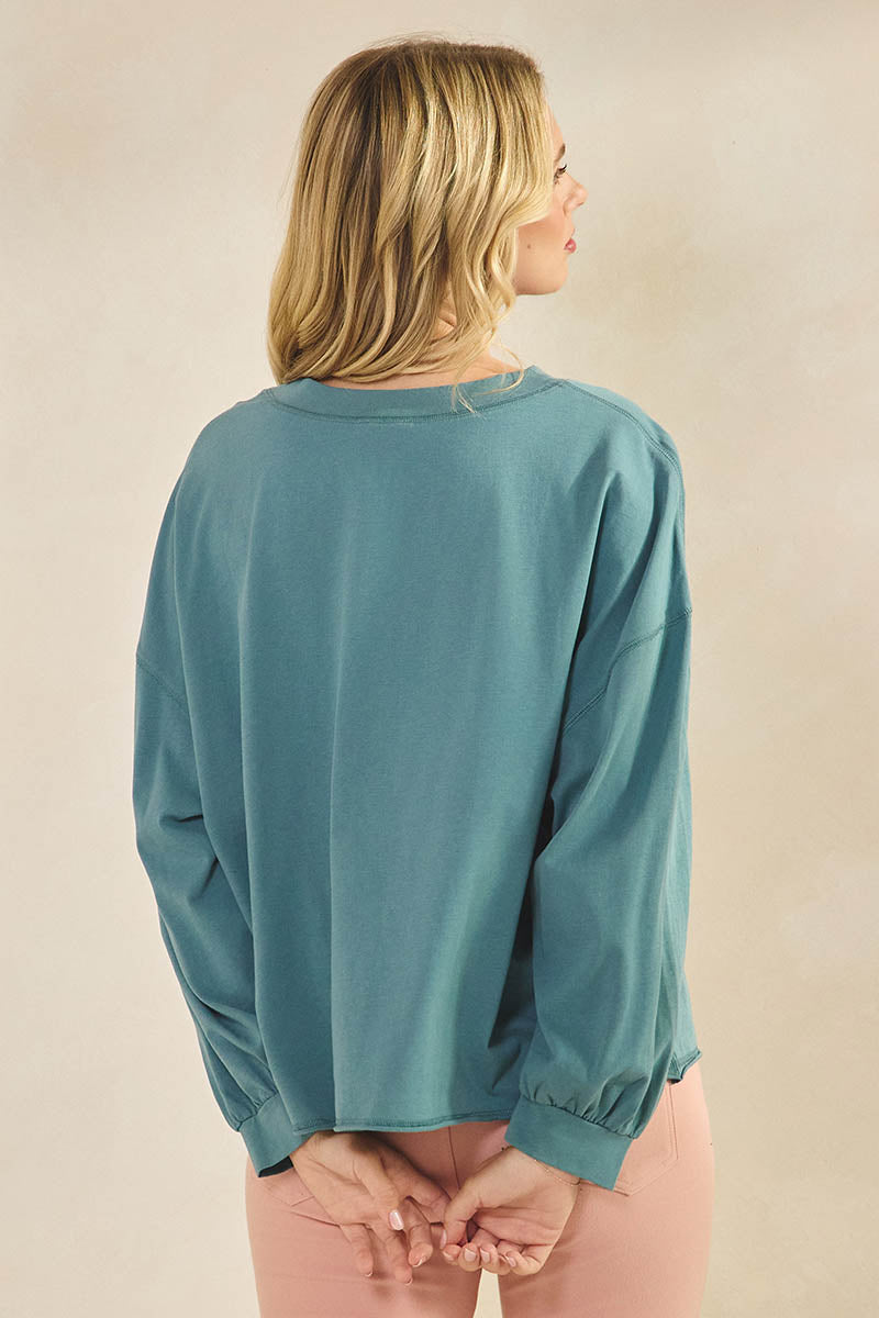 Weekend Flow Relaxed Fit Lightweight Cotton Long Sleeve Top, Retro Blue